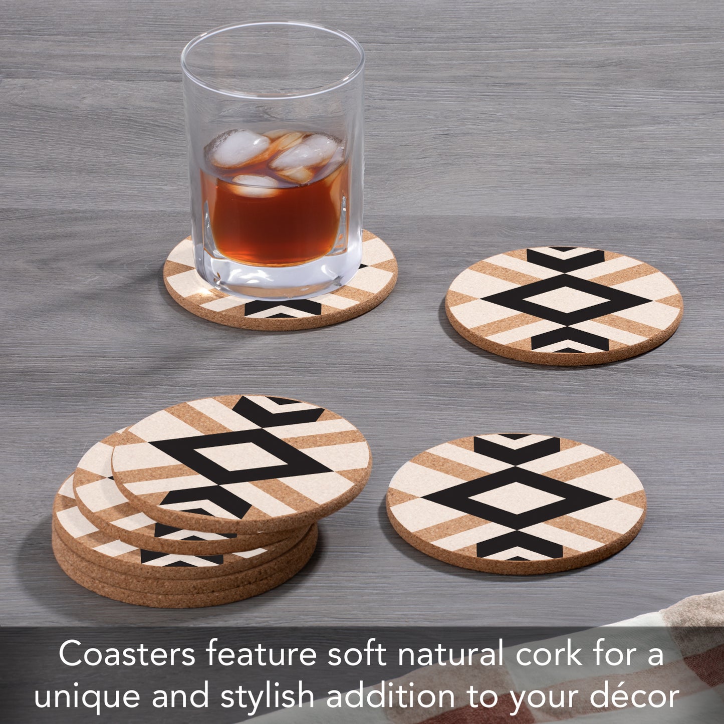 Thirstystone Aztec 8-Pack Thick Natural Cork Coasters Manufactured in The USA Eco-Friendly Absorbent Durable