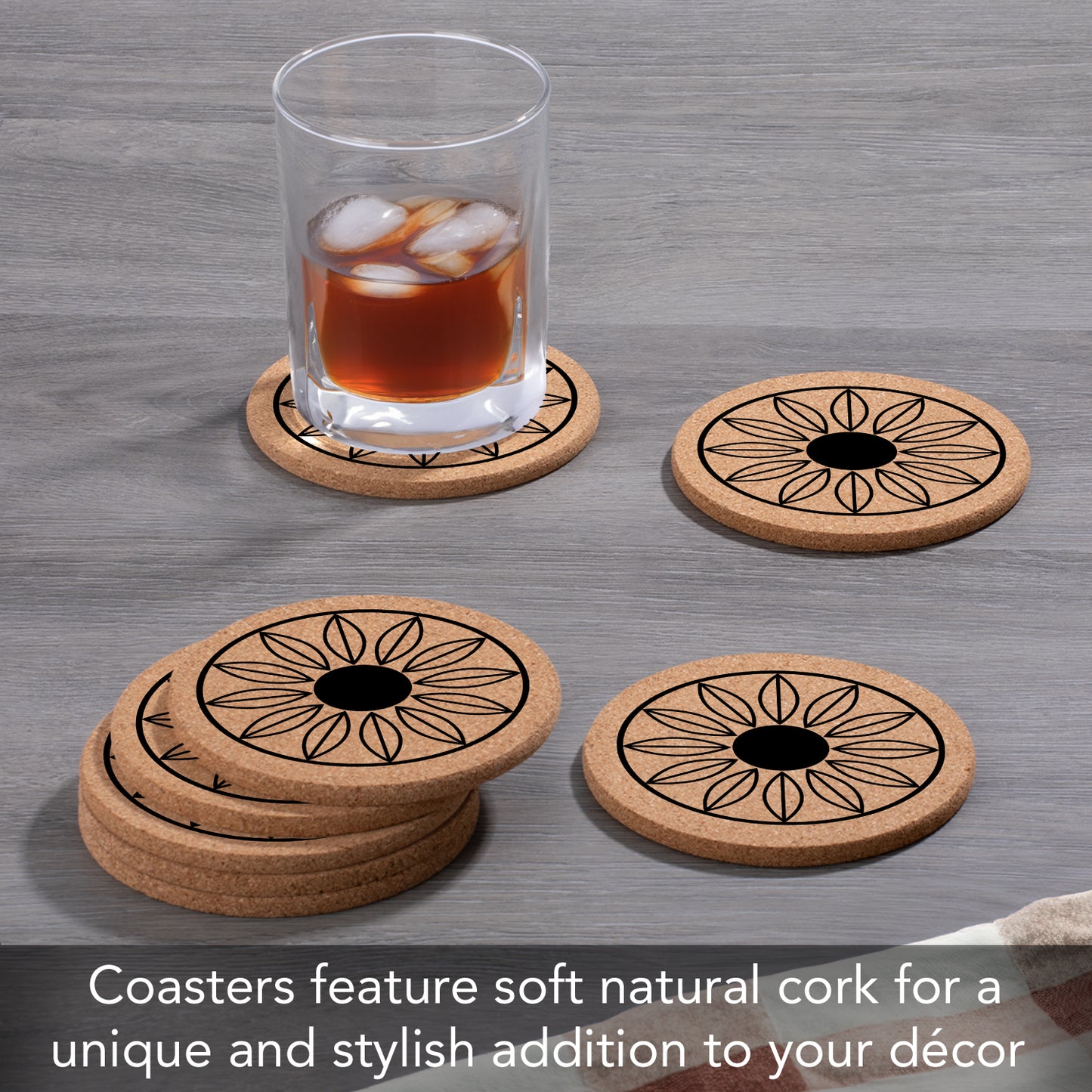 Thirstystone Sunflower 8-Pack Thick Natural Cork Coasters Manufactured in The USA Eco-Friendly Absorbent Durable