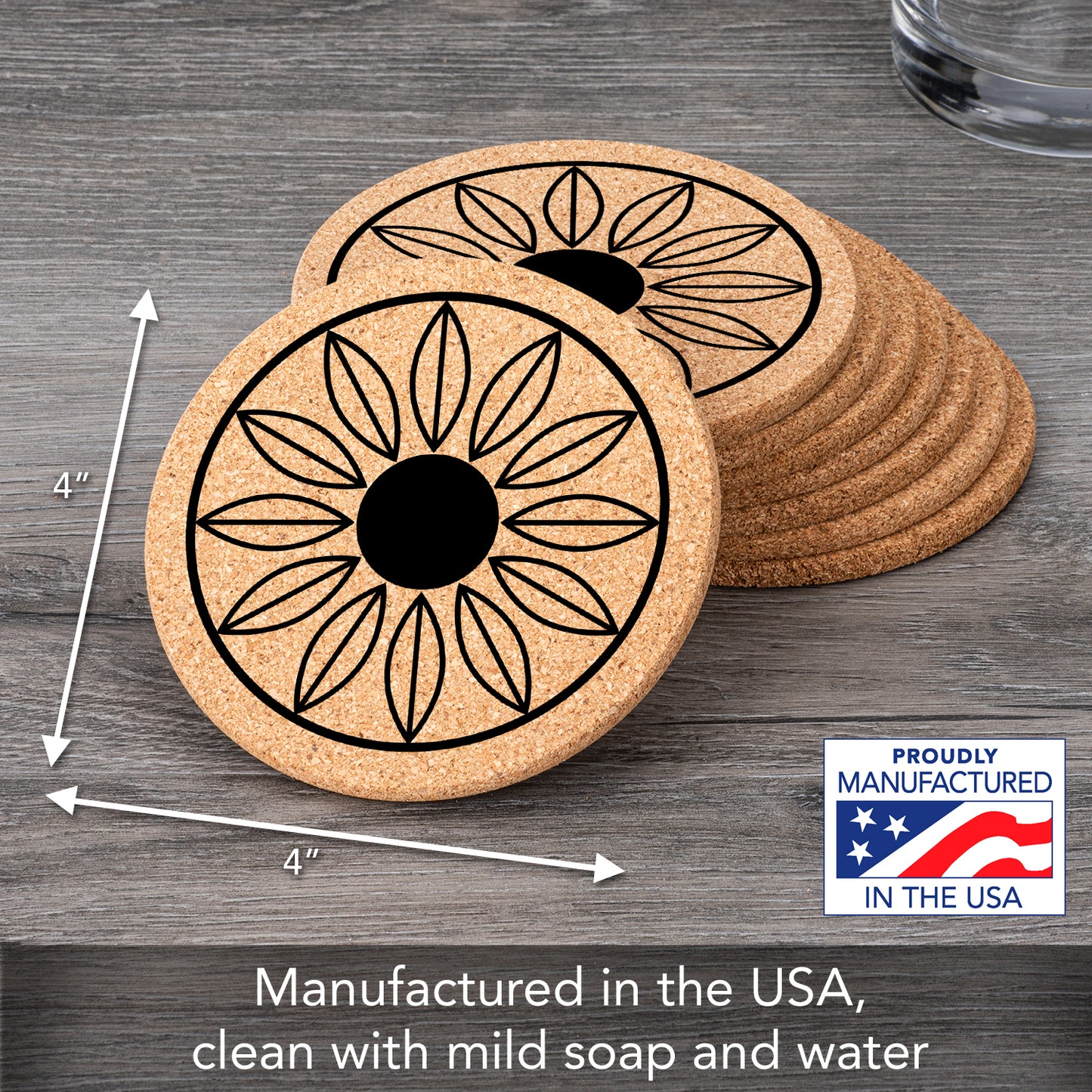 Thirstystone Sunflower 8-Pack Thick Natural Cork Coasters Manufactured in The USA Eco-Friendly Absorbent Durable