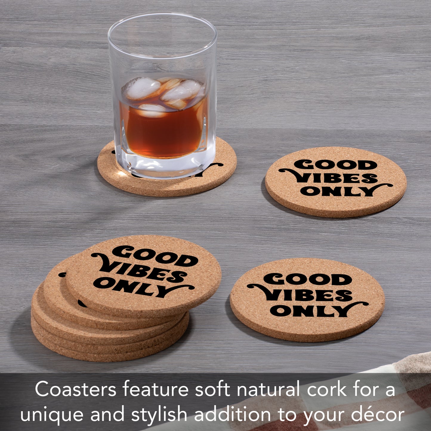 Thirstystone Good Vibes Only 8-Pack Thick Natural Cork Coasters Manufactured in The USA Eco-Friendly Absorbent Durable
