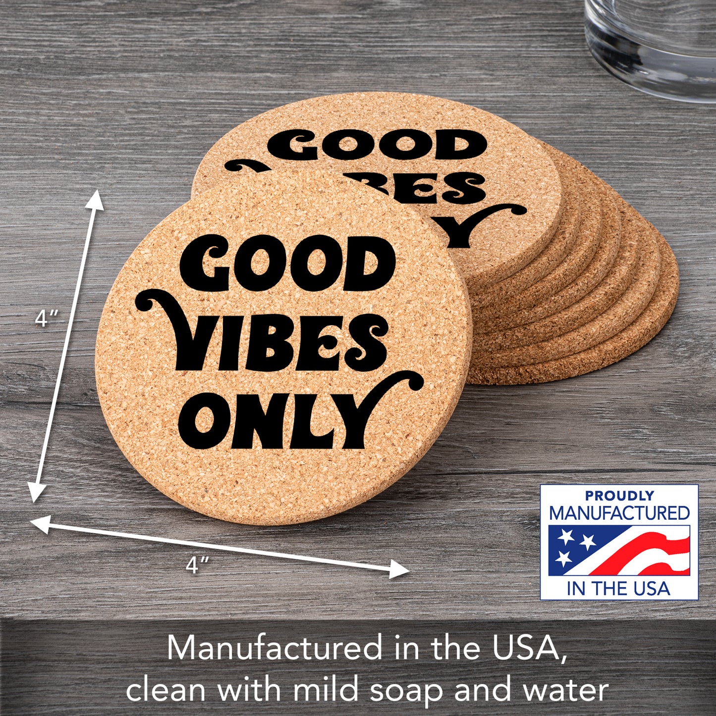 Thirstystone Good Vibes Only 8-Pack Thick Natural Cork Coasters Manufactured in The USA Eco-Friendly Absorbent Durable