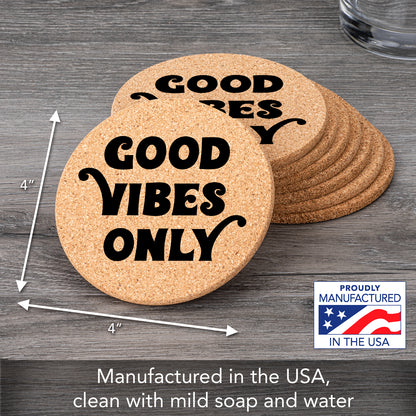 Thirstystone Good Vibes Only 8-Pack Thick Natural Cork Coasters Manufactured in The USA Eco-Friendly Absorbent Durable