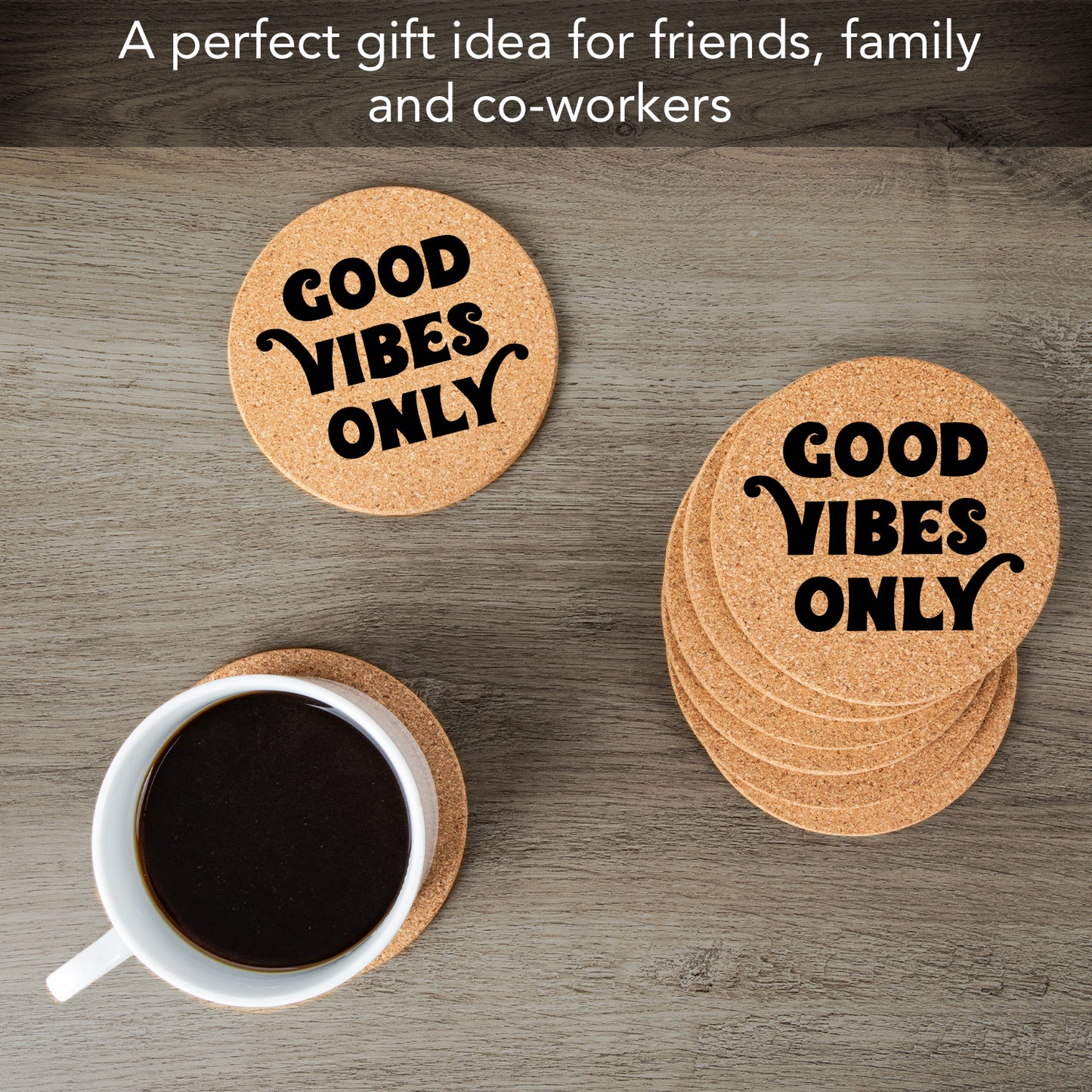 Thirstystone Good Vibes Only 8-Pack Thick Natural Cork Coasters Manufactured in The USA Eco-Friendly Absorbent Durable