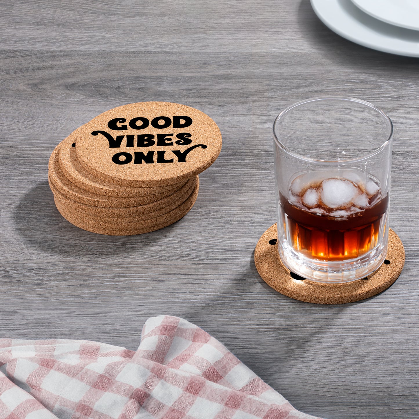 Thirstystone Good Vibes Only 8-Pack Thick Natural Cork Coasters Manufactured in The USA Eco-Friendly Absorbent Durable