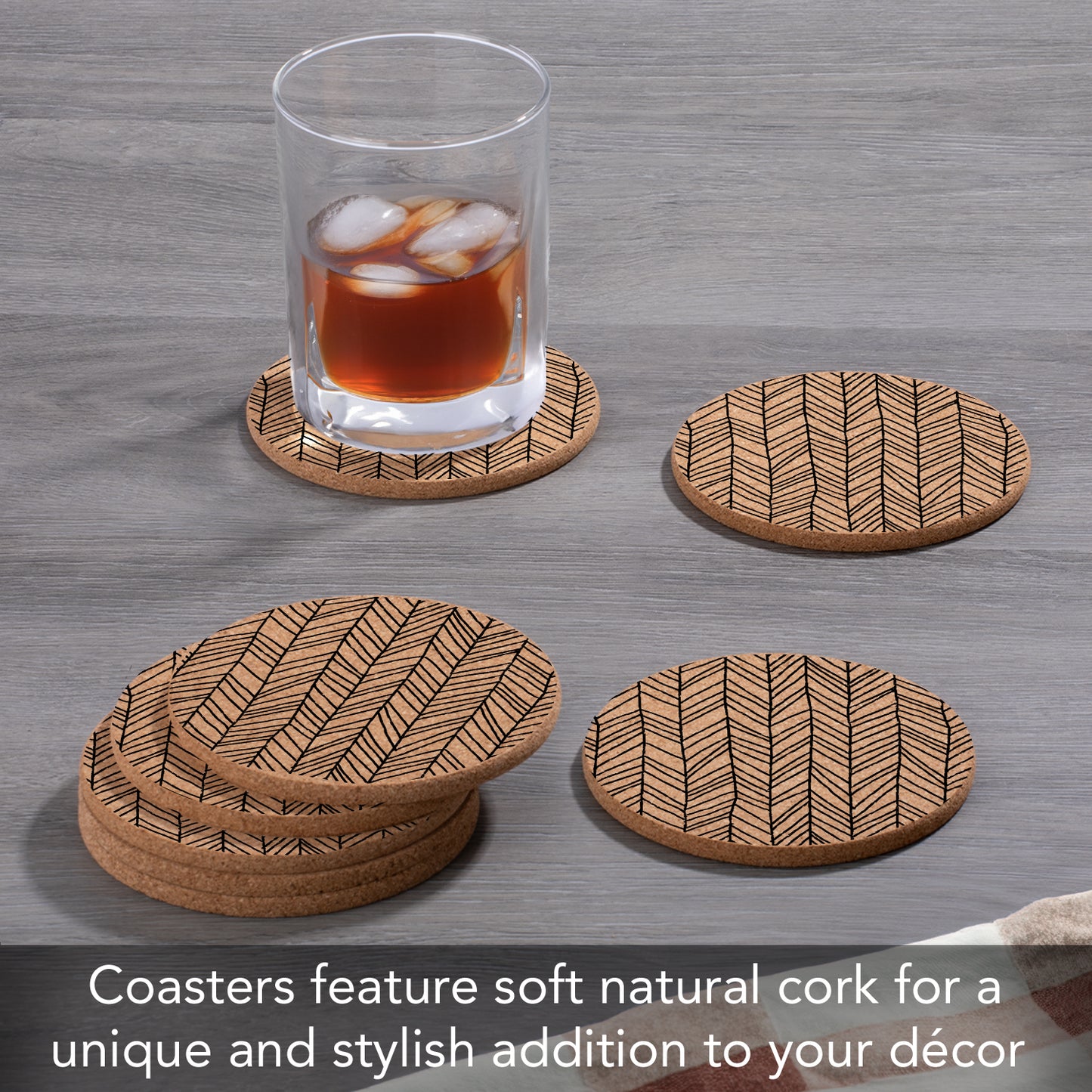 Thirstystone Herringbone 8-Pack Thick Natural Cork Coasters Manufactured in The USA Eco-Friendly Absorbent Durable