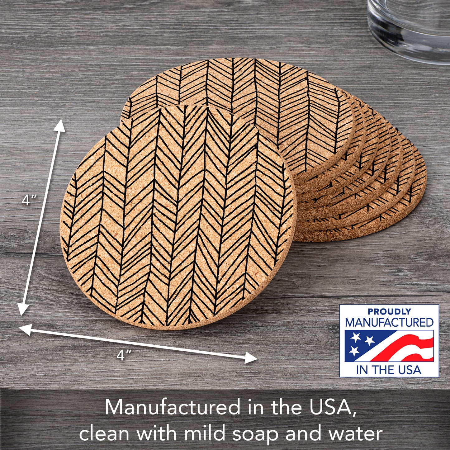 Thirstystone Herringbone 8-Pack Thick Natural Cork Coasters Manufactured in The USA Eco-Friendly Absorbent Durable