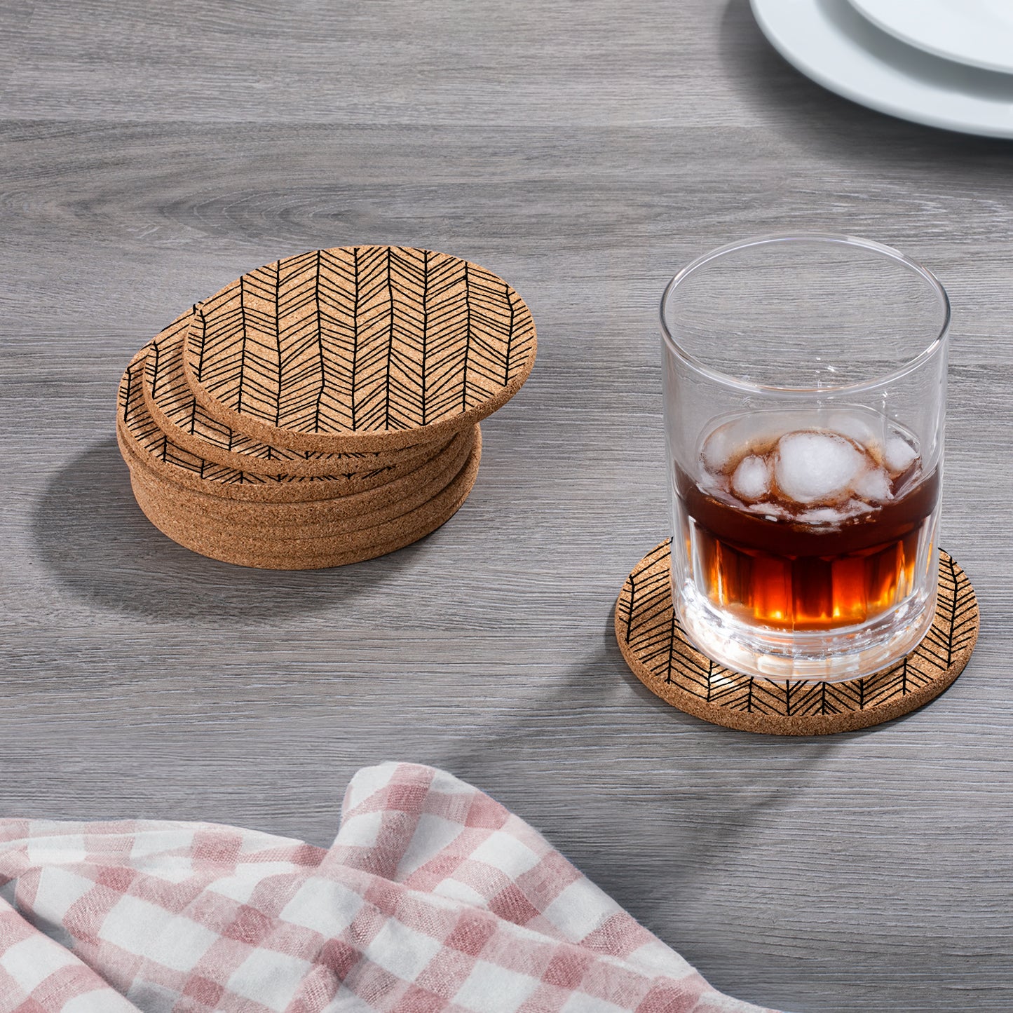 Thirstystone Herringbone 8-Pack Thick Natural Cork Coasters Manufactured in The USA Eco-Friendly Absorbent Durable