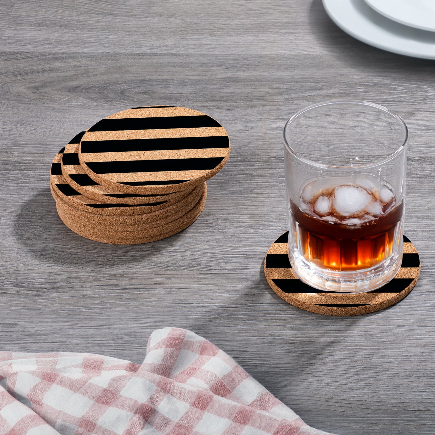 Thirstystone Stripes 8-Pack Thick Natural Cork Coasters Manufactured in The USA Eco-Friendly Absorbent Durable