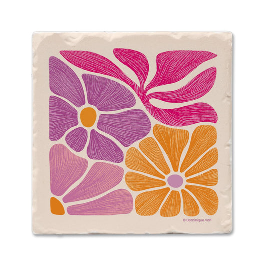 Thirstystone Pink Floral Nest Single Tumbled Tile Stone Coaster with Protective Cork Backing Manufactured in The USA 4" Square, Colorful, Artistiic, Easily Wipes Clean