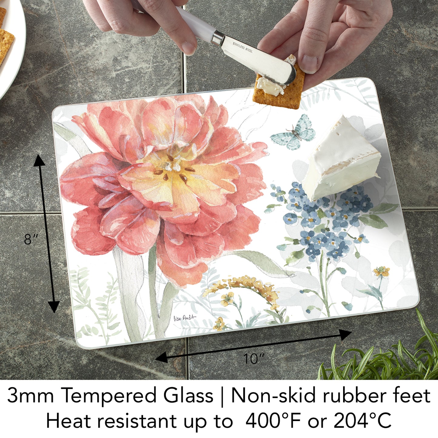 CounterArt Spring Meadow 3mm Tempered Glass Cutting Board 10” x 8” Manufactured in the USA