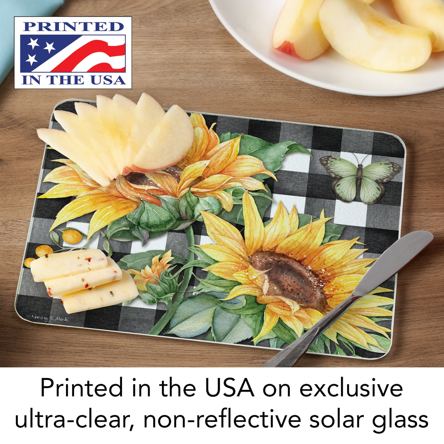 CounterArt Sunflower Fields 3mm Tempered Glass Cutting Board 10” x 8” Manufactured in the USA
