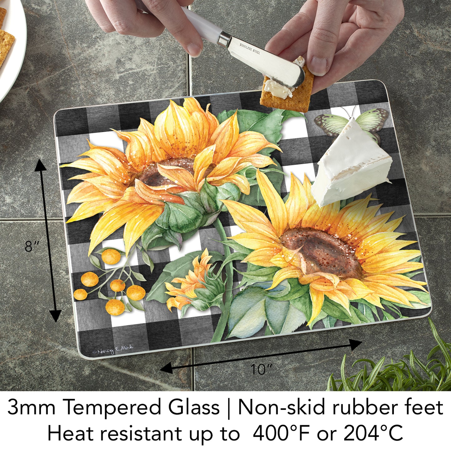 CounterArt Sunflower Fields 3mm Tempered Glass Cutting Board 10” x 8” Manufactured in the USA