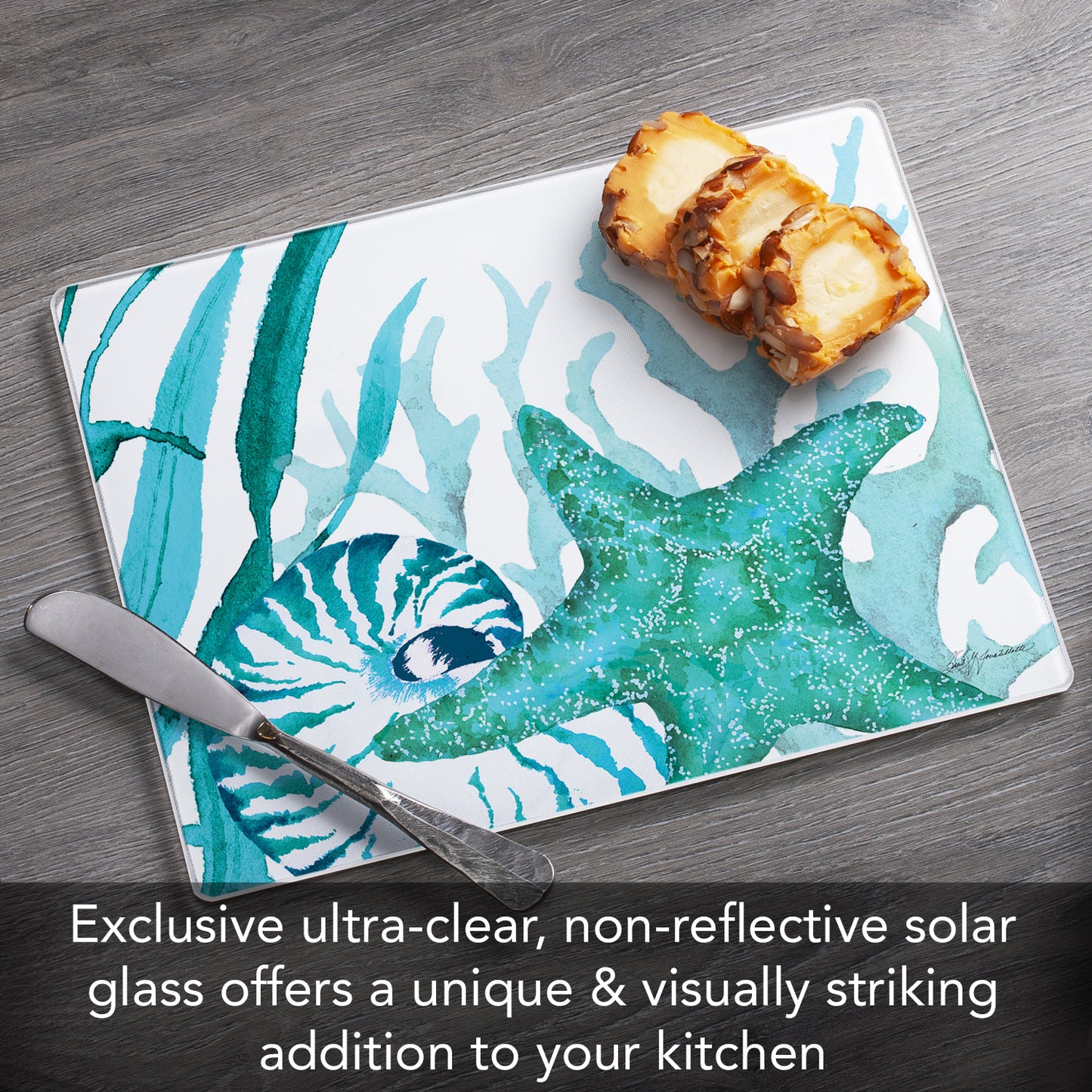 CounterArt Coral Life 3mm Tempered Glass Cutting Board 10” x 8” Manufactured in the USA