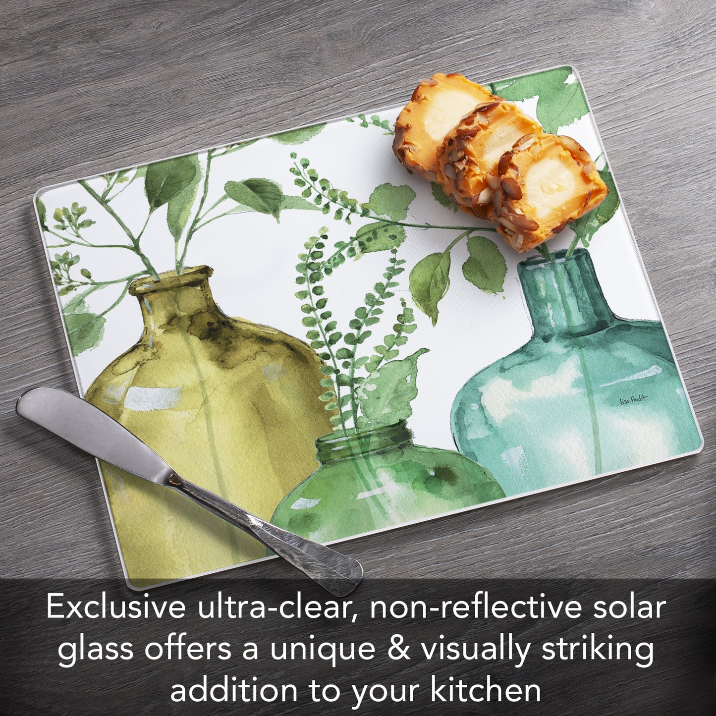 CounterArt Greenery 3mm Tempered Glass Cutting Board 10” x 8” Manufactured in the USA