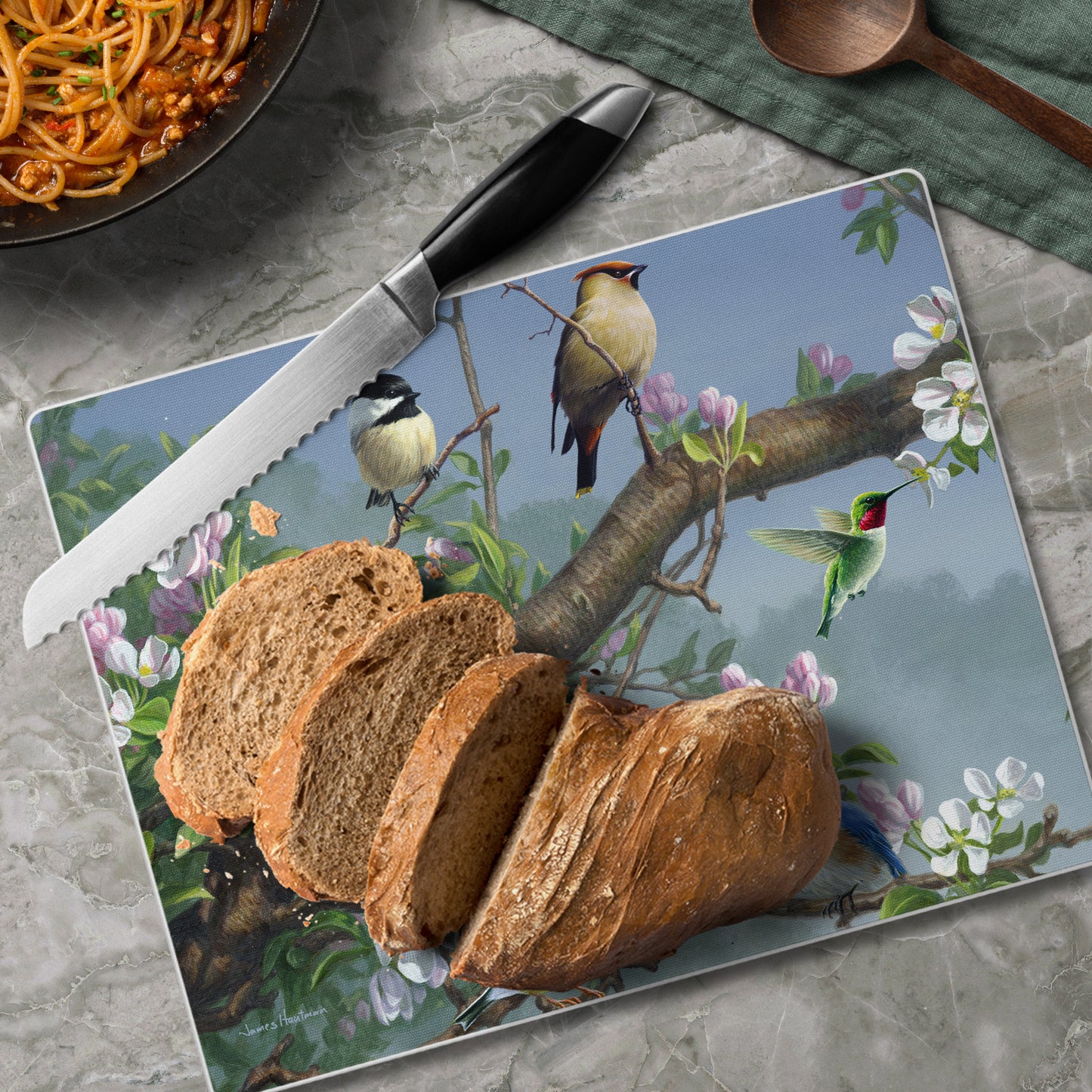 CounterArt Beautiful Songbirds 3mm Tempered Glass Cutting Board 10” x 8” Manufactured in the USA
