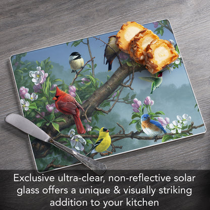 CounterArt Beautiful Songbirds 3mm Tempered Glass Cutting Board 10” x 8” Manufactured in the USA