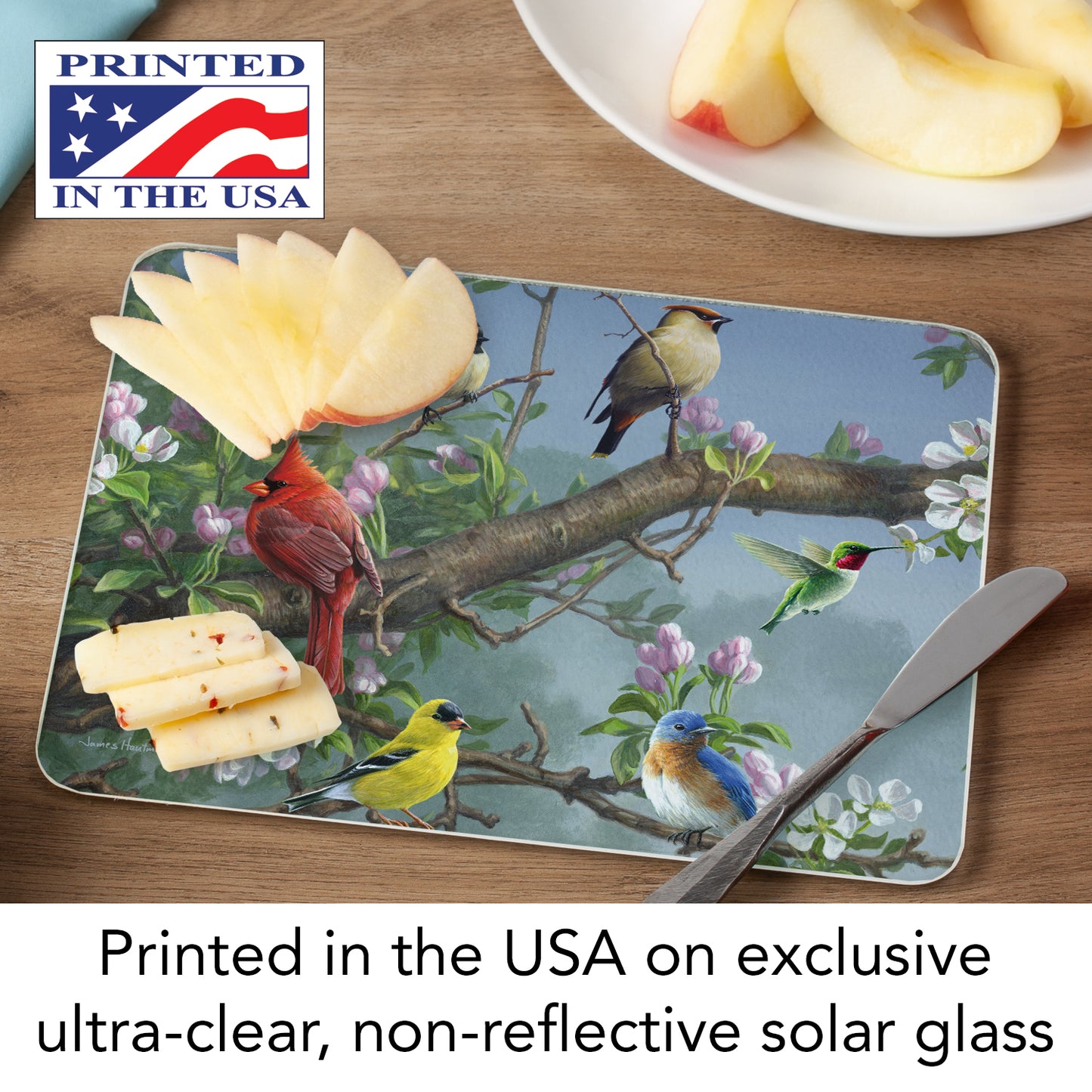 CounterArt Beautiful Songbirds 3mm Tempered Glass Cutting Board 10” x 8” Manufactured in the USA