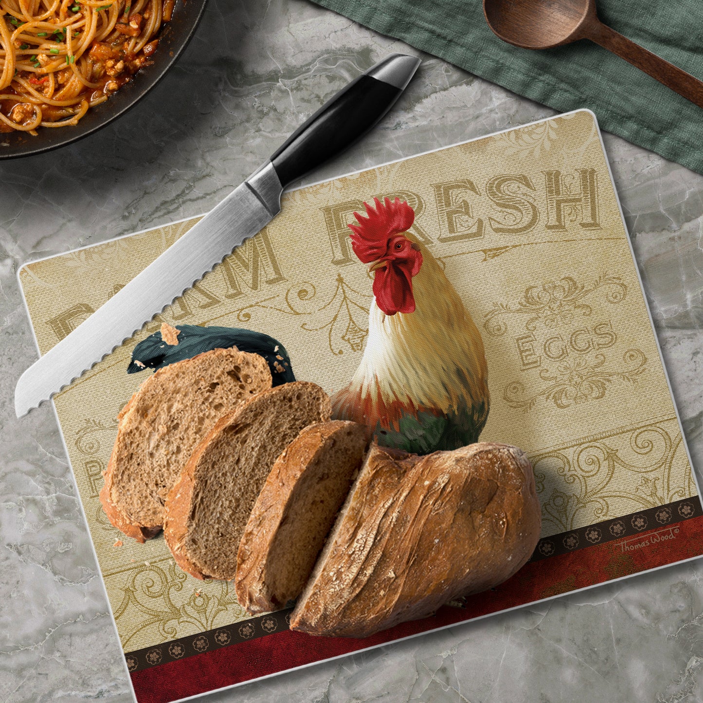 CounterArt Farm Fresh Rooster 3mm Tempered Glass Cutting Board 10” x 8” Manufactured in the USA