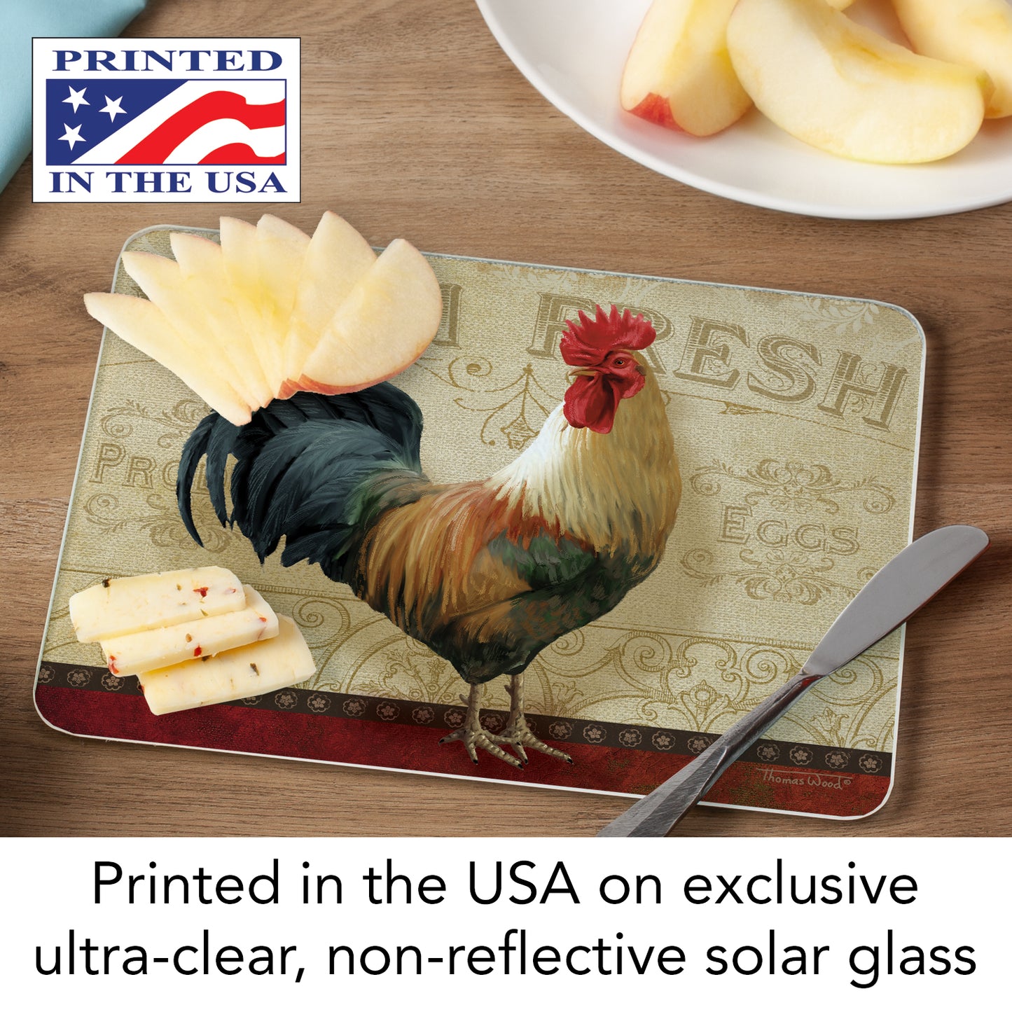 CounterArt Farm Fresh Rooster 3mm Tempered Glass Cutting Board 10” x 8” Manufactured in the USA
