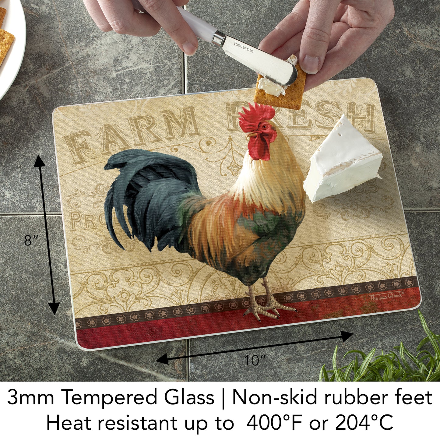 CounterArt Farm Fresh Rooster 3mm Tempered Glass Cutting Board 10” x 8” Manufactured in the USA