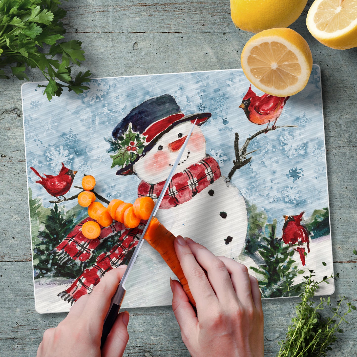 CounterArt Watercolor Snowman 3mm Tempered Glass Cutting Board 10” x 8” Manufactured in the USA