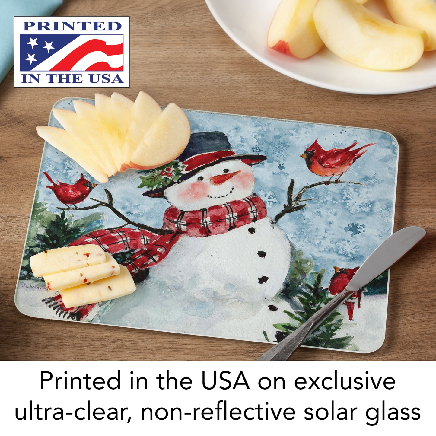 CounterArt Watercolor Snowman 3mm Tempered Glass Cutting Board 10” x 8” Manufactured in the USA