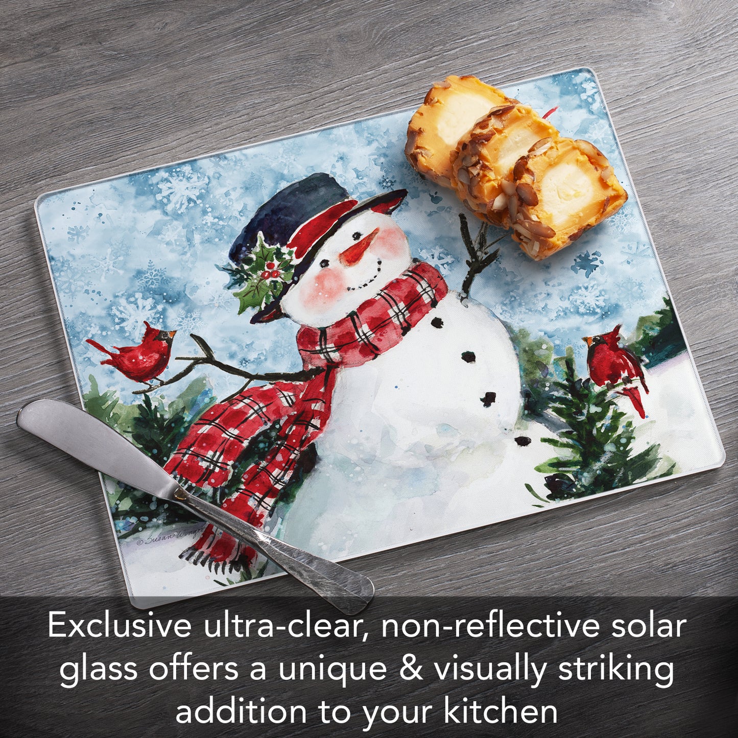 CounterArt Watercolor Snowman 3mm Tempered Glass Cutting Board 10” x 8” Manufactured in the USA