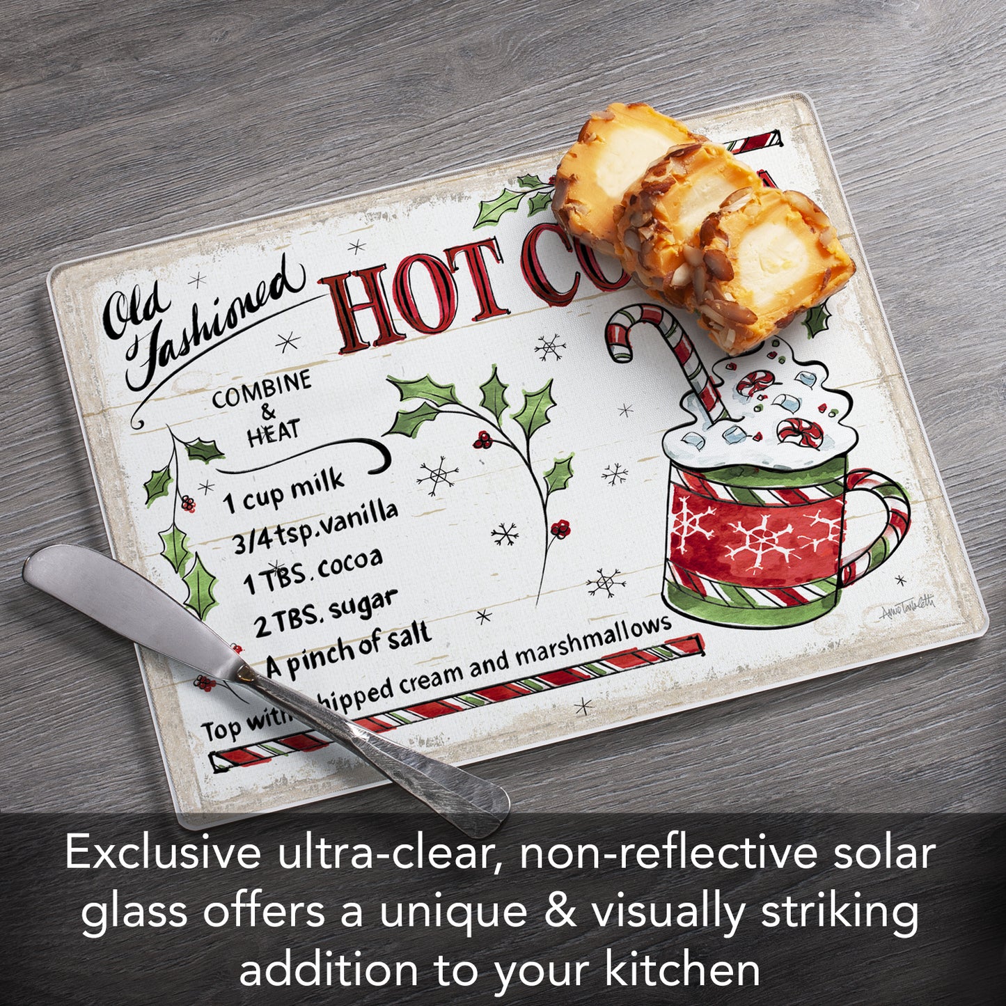 CounterArt Hot Cocoa Treat 3mm Tempered Glass Cutting Board 10” x 8” Manufactured in the USA