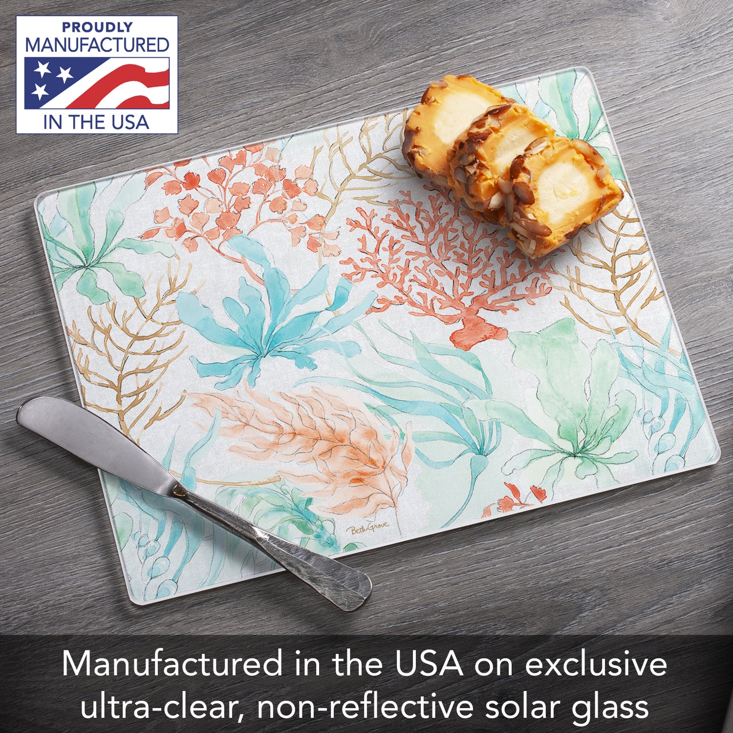 CounterArt Coastal Seaside 3mm Tempered Glass Cutting Board 10" x 8" Manufactured in the USA