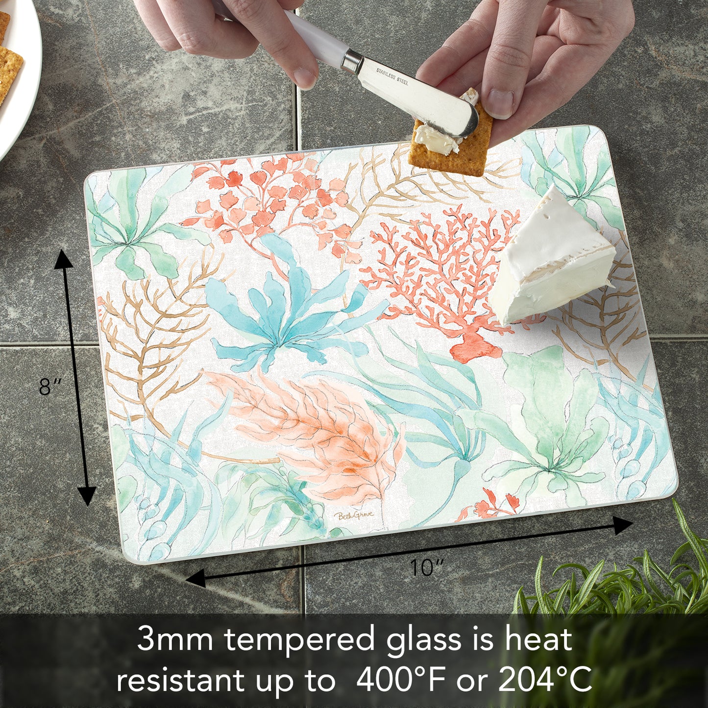 CounterArt Coastal Seaside 3mm Tempered Glass Cutting Board 10" x 8" Manufactured in the USA