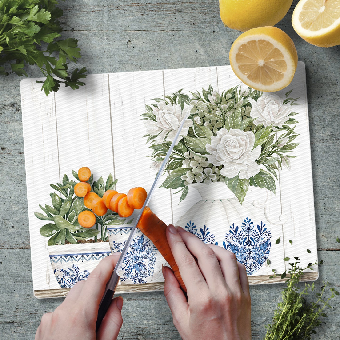 CounterArt Blue & White Pottery 3mm Tempered Glass Cutting Board 10" x 8" Manufactured in the USA