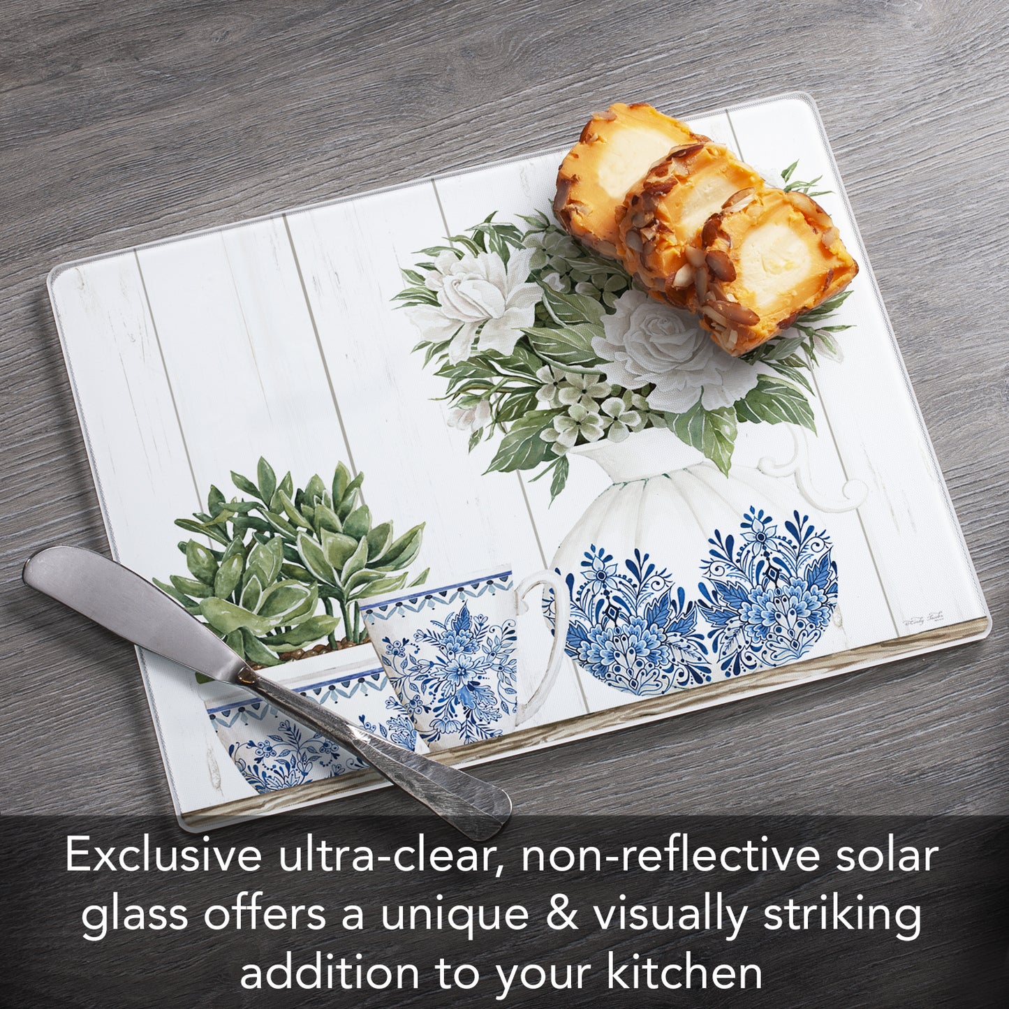 CounterArt Blue & White Pottery 3mm Tempered Glass Cutting Board 10" x 8" Manufactured in the USA