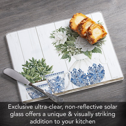 CounterArt Blue & White Pottery 3mm Tempered Glass Cutting Board 10" x 8" Manufactured in the USA