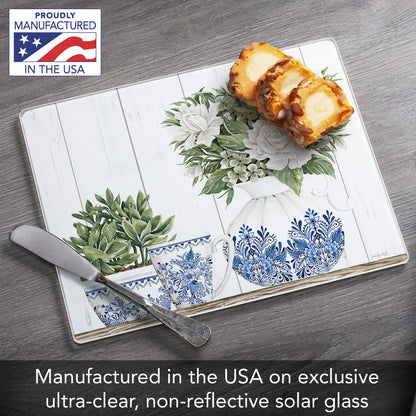 CounterArt Blue & White Pottery 3mm Tempered Glass Cutting Board 10" x 8" Manufactured in the USA