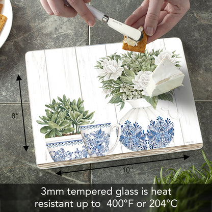 CounterArt Blue & White Pottery 3mm Tempered Glass Cutting Board 10" x 8" Manufactured in the USA