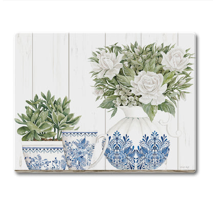 CounterArt Blue & White Pottery 3mm Tempered Glass Cutting Board 10" x 8" Manufactured in the USA