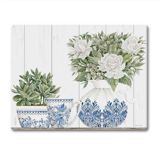 CounterArt Blue & White Pottery 3mm Tempered Glass Cutting Board 10" x 8" Manufactured in the USA