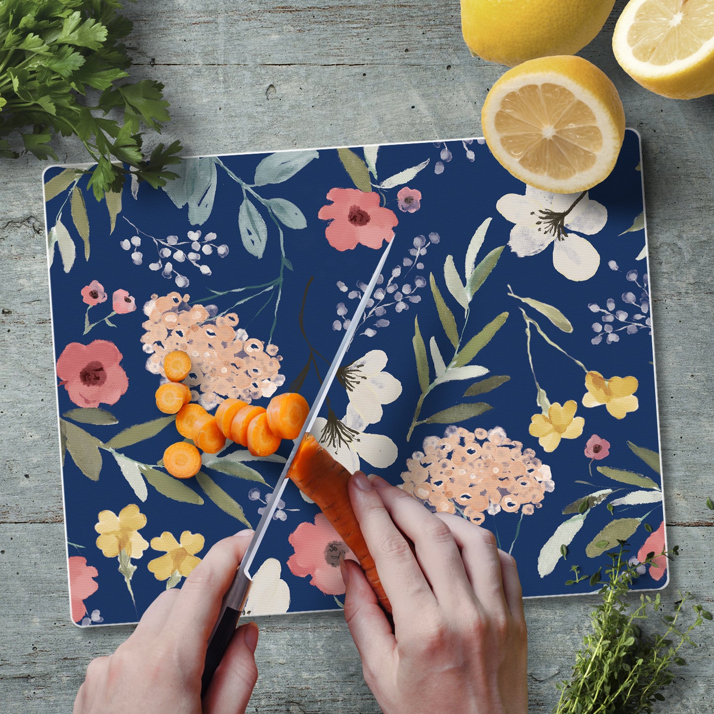 CounterArt Blue Floral 3mm Tempered Glass Cutting Board 10” x 8” Manufactured in the USA