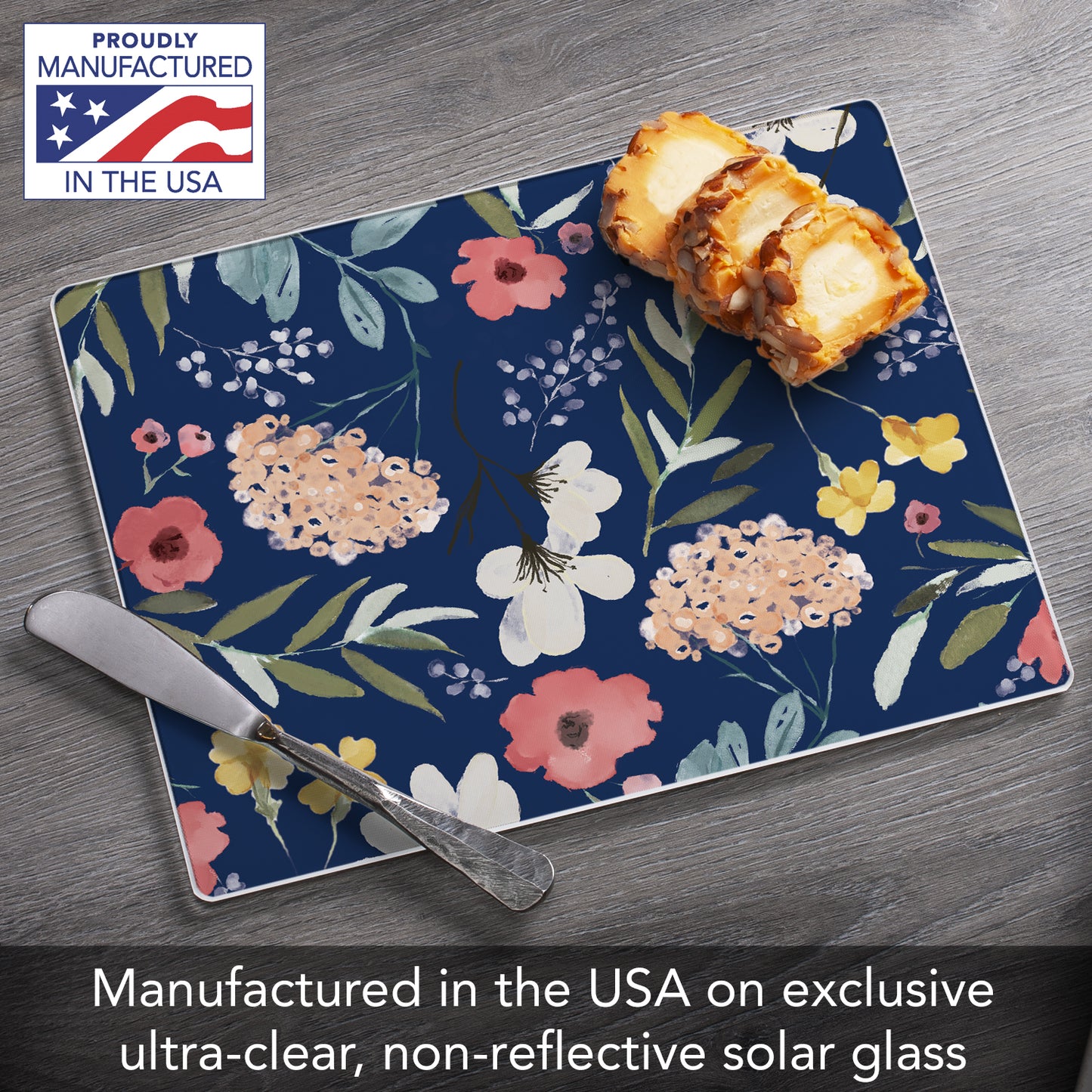 CounterArt Blue Floral 3mm Tempered Glass Cutting Board 10” x 8” Manufactured in the USA