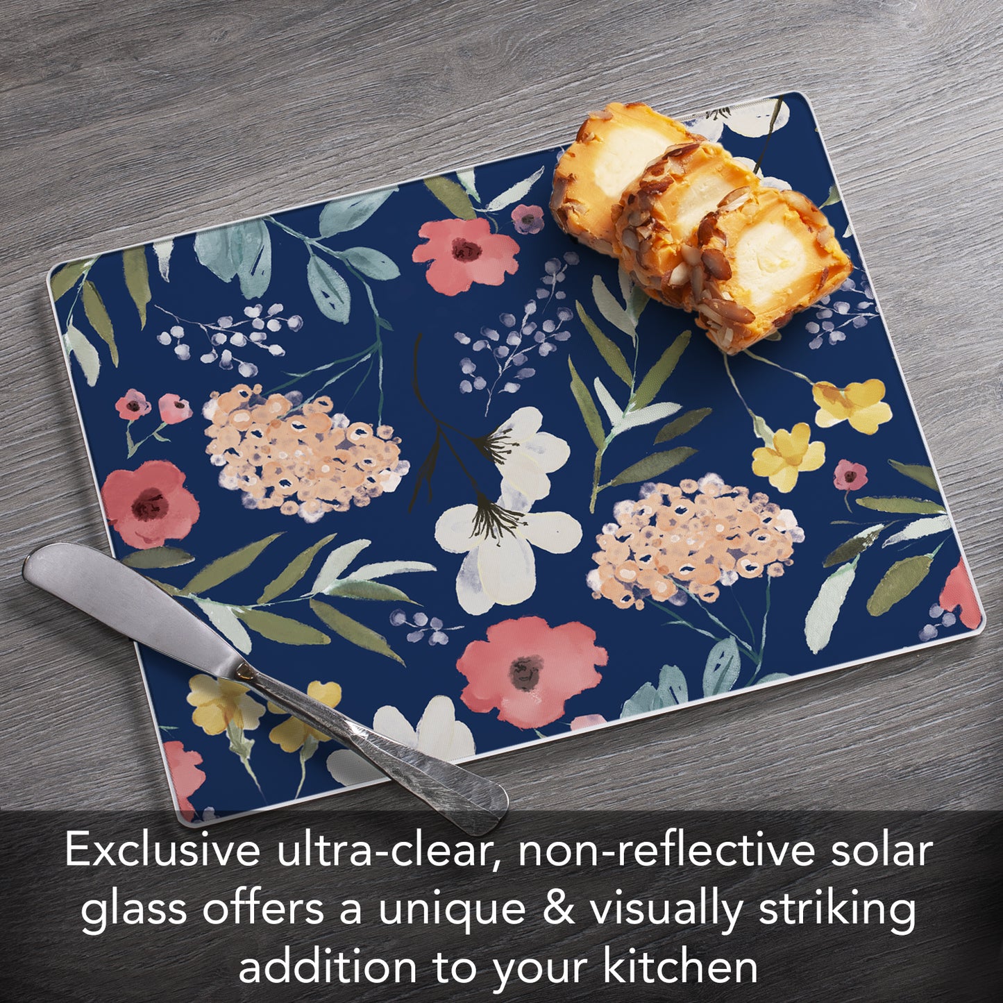 CounterArt Blue Floral 3mm Tempered Glass Cutting Board 10” x 8” Manufactured in the USA