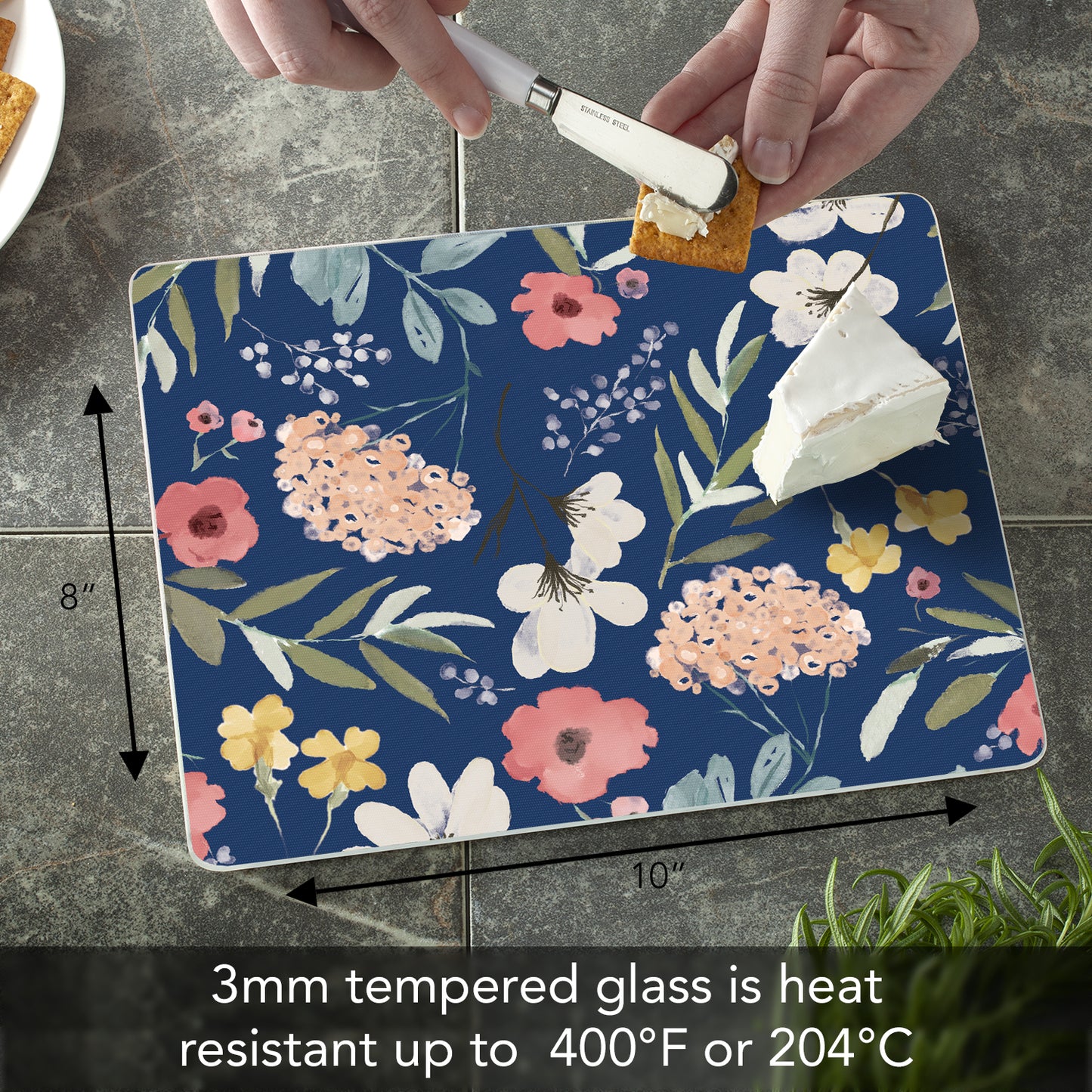 CounterArt Blue Floral 3mm Tempered Glass Cutting Board 10” x 8” Manufactured in the USA