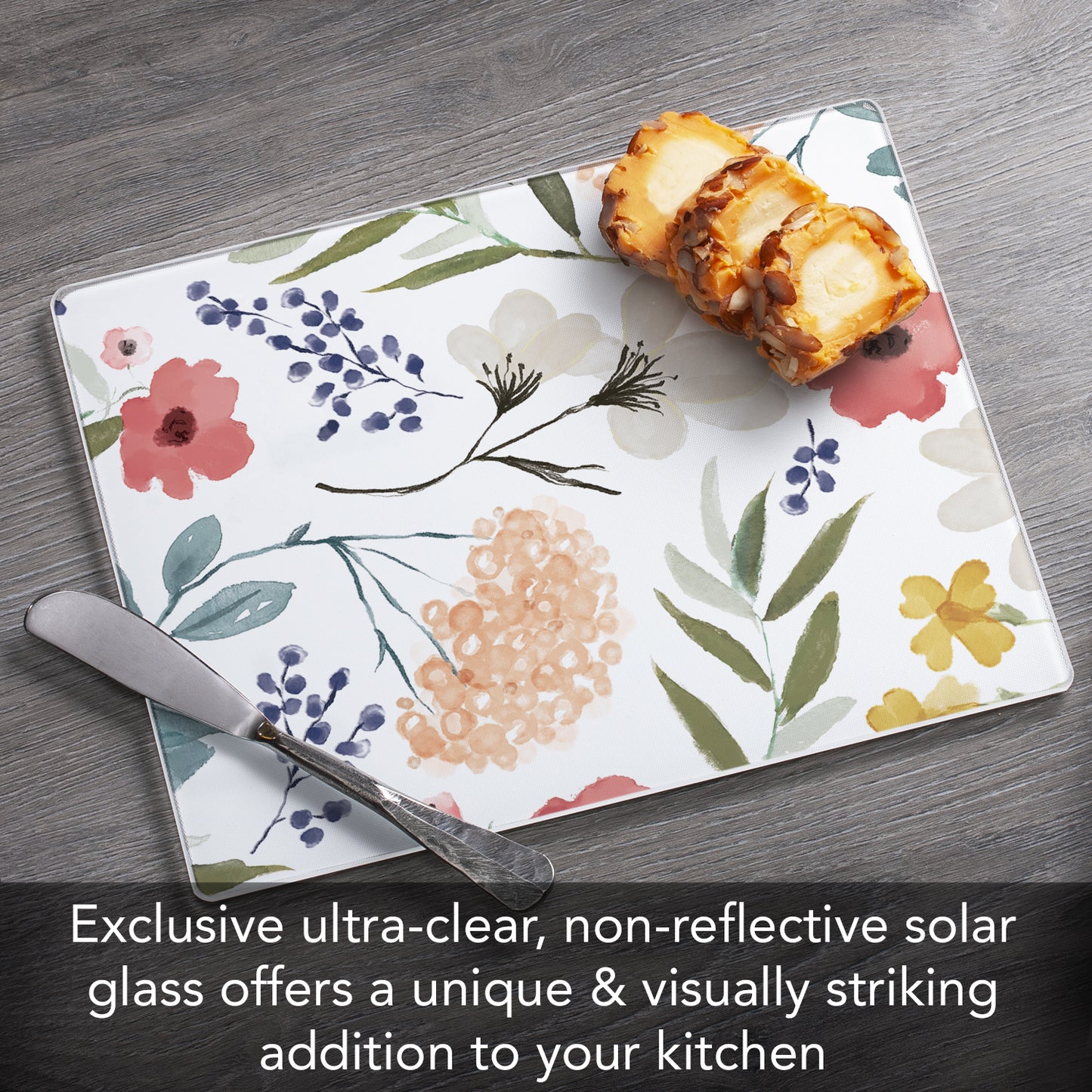 CounterArt Meadow Floral 3mm Tempered Glass Cutting Board 10” x 8” Manufactured in the USA