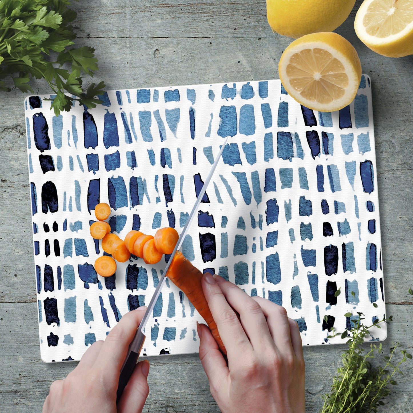 CounterArt Indigo Wavy Lines 3mm Tempered Glass Cutting Board 10” x 8” Manufactured in the USA