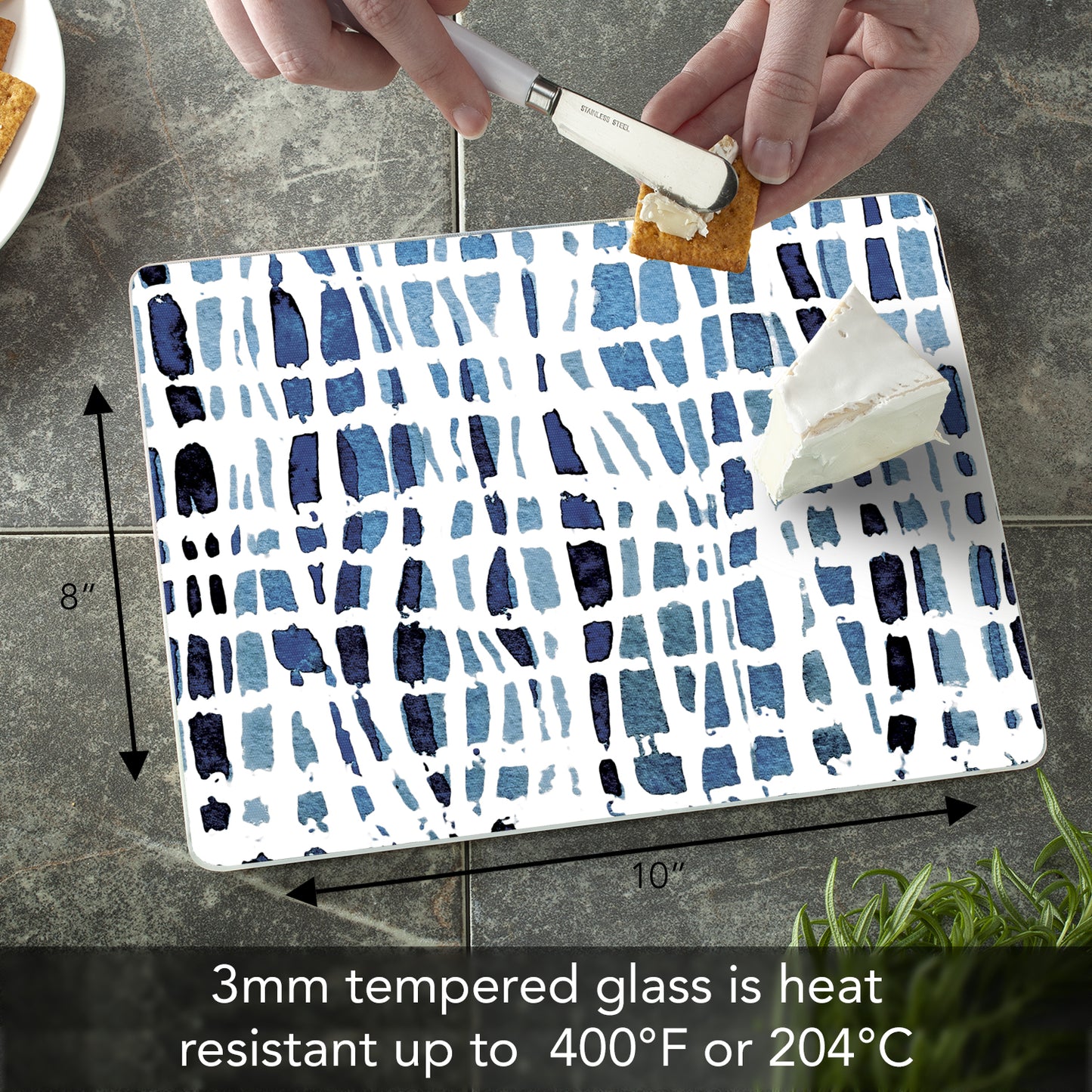 CounterArt Indigo Wavy Lines 3mm Tempered Glass Cutting Board 10” x 8” Manufactured in the USA