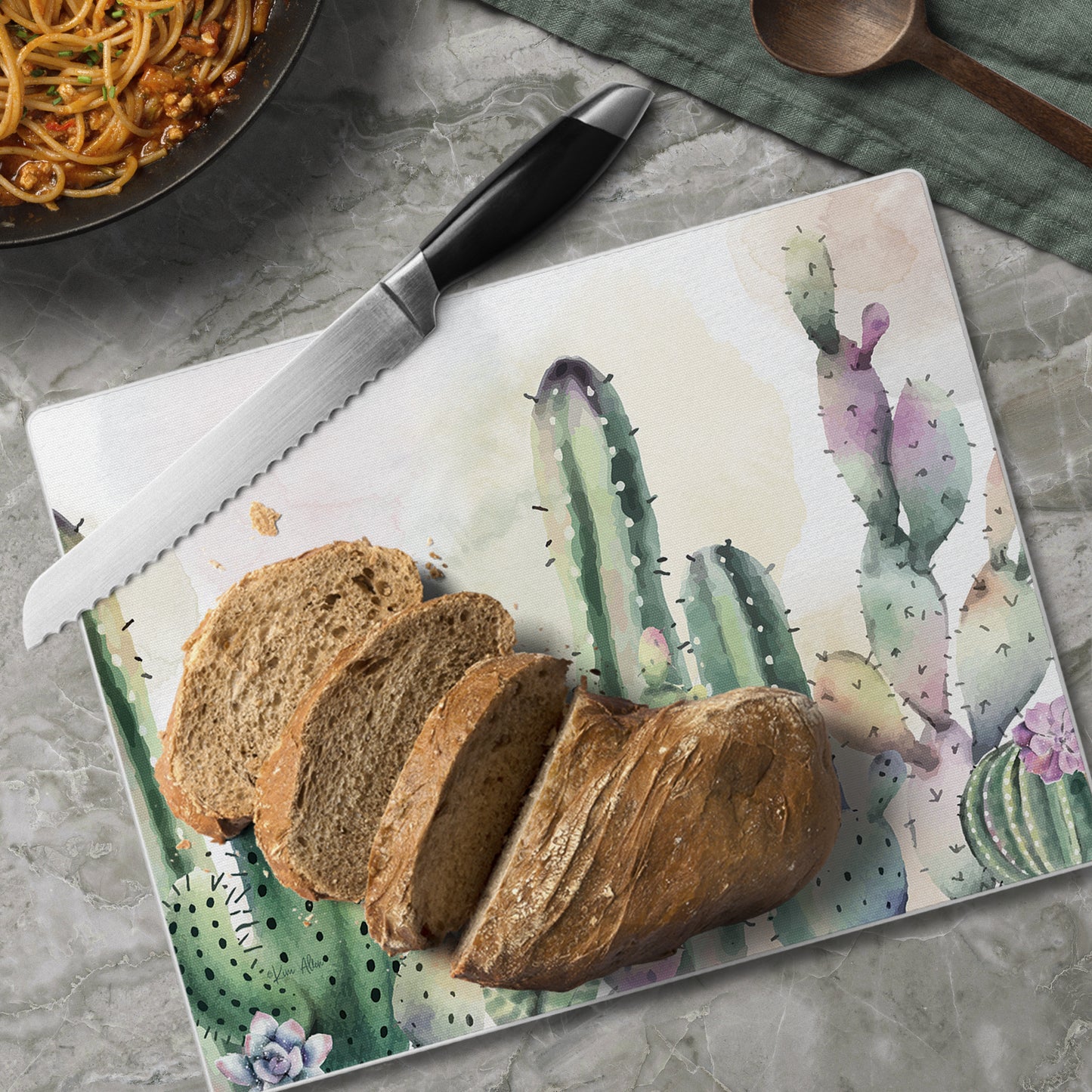 CounterArt Watercolor Cactus 3mm Tempered Glass Cutting Board 10” x 8” Manufactured in the USA