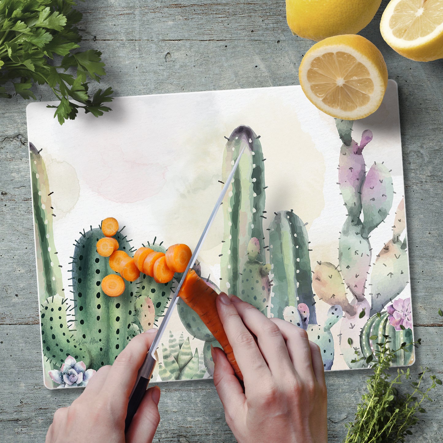 CounterArt Watercolor Cactus 3mm Tempered Glass Cutting Board 10” x 8” Manufactured in the USA