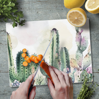CounterArt Watercolor Cactus 3mm Tempered Glass Cutting Board 10” x 8” Manufactured in the USA