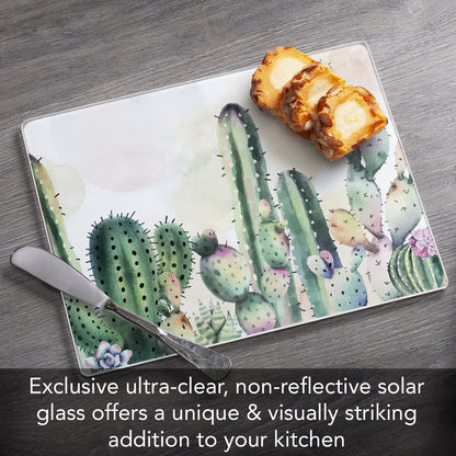 CounterArt Watercolor Cactus 3mm Tempered Glass Cutting Board 10” x 8” Manufactured in the USA