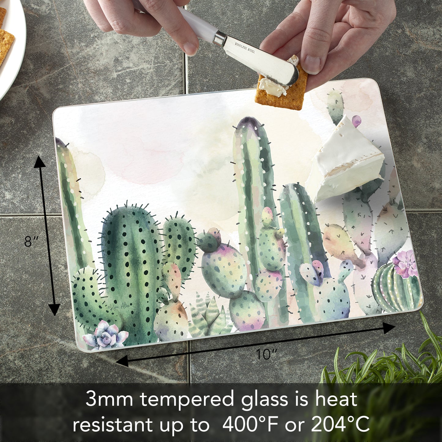CounterArt Watercolor Cactus 3mm Tempered Glass Cutting Board 10” x 8” Manufactured in the USA