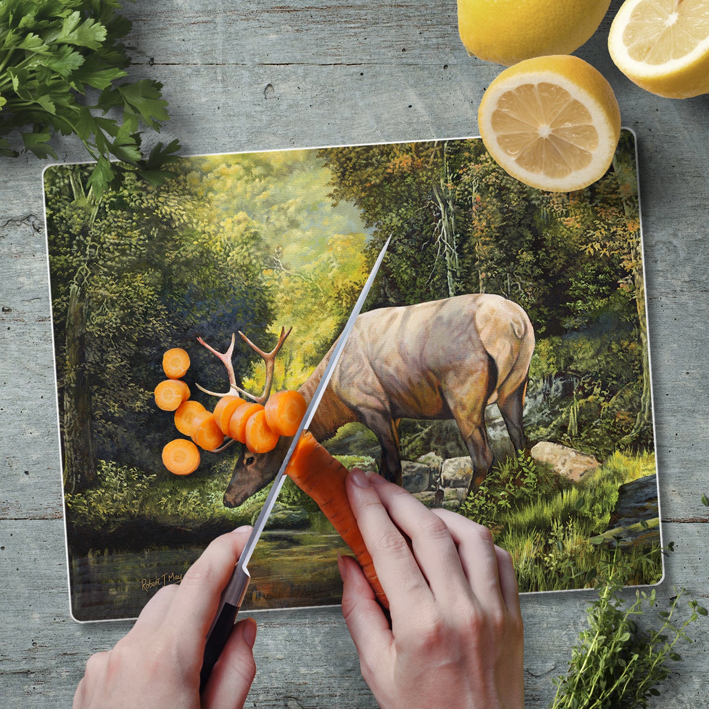 CounterArt Tranquil Elk 3mm Tempered Glass Cutting Board 10” x 8” Manufactured in the USA